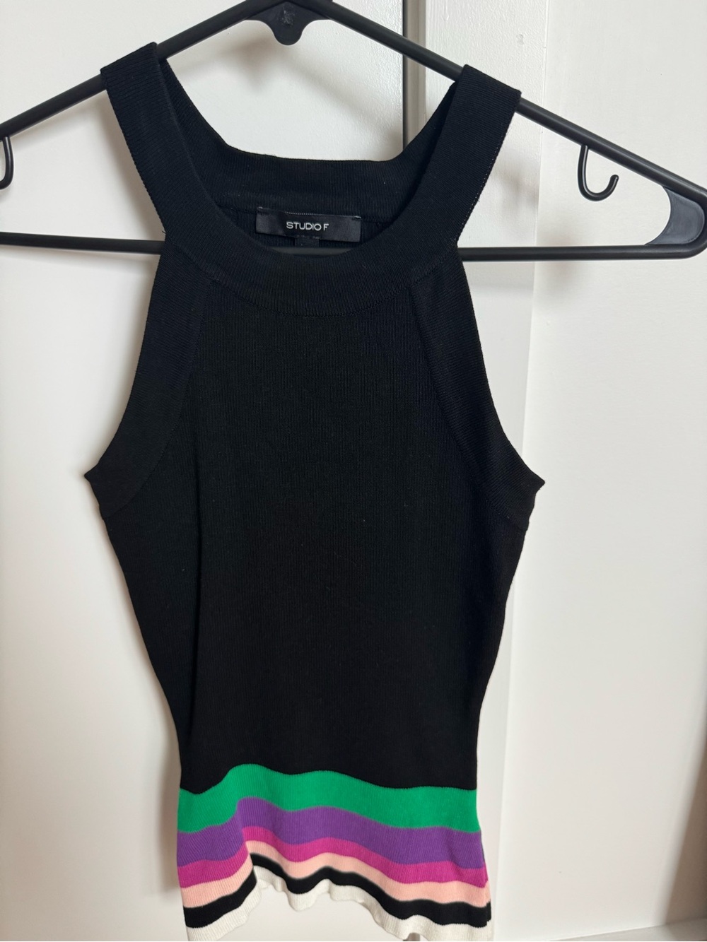 Studio F Black Ribbed Tank Top with Multicolor Stripe Hem